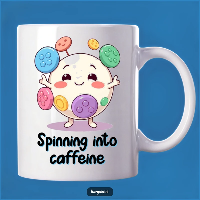Funny Button Juggling Spherical Character Mug - Hilarious Gift for Crafters!