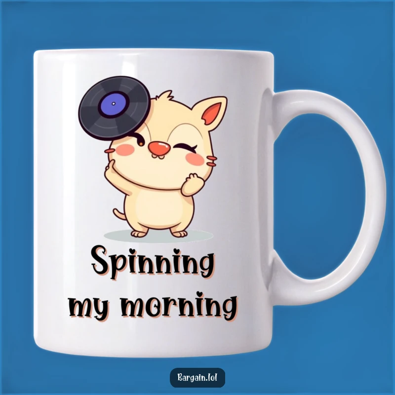 Funny Record Player Mug: Mischievous Creature Balances Vinyl - Music Lover Gift