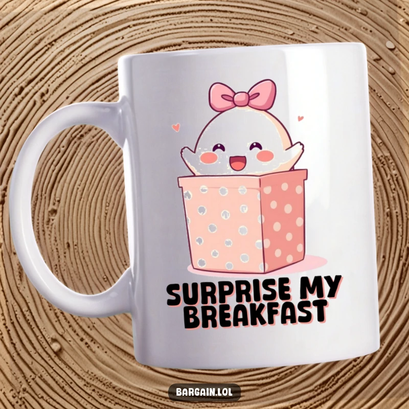 Funny mug: A happy blob character joyfully bursting out of a huge, polka-dotted gift box, showcasing surprise and fun.