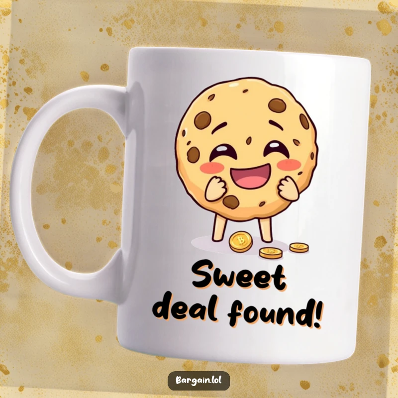 Funny cheeky cookie crumbling with laughter while holding a dropped coin on this mug. A humorous and delightful treat-themed accessory.