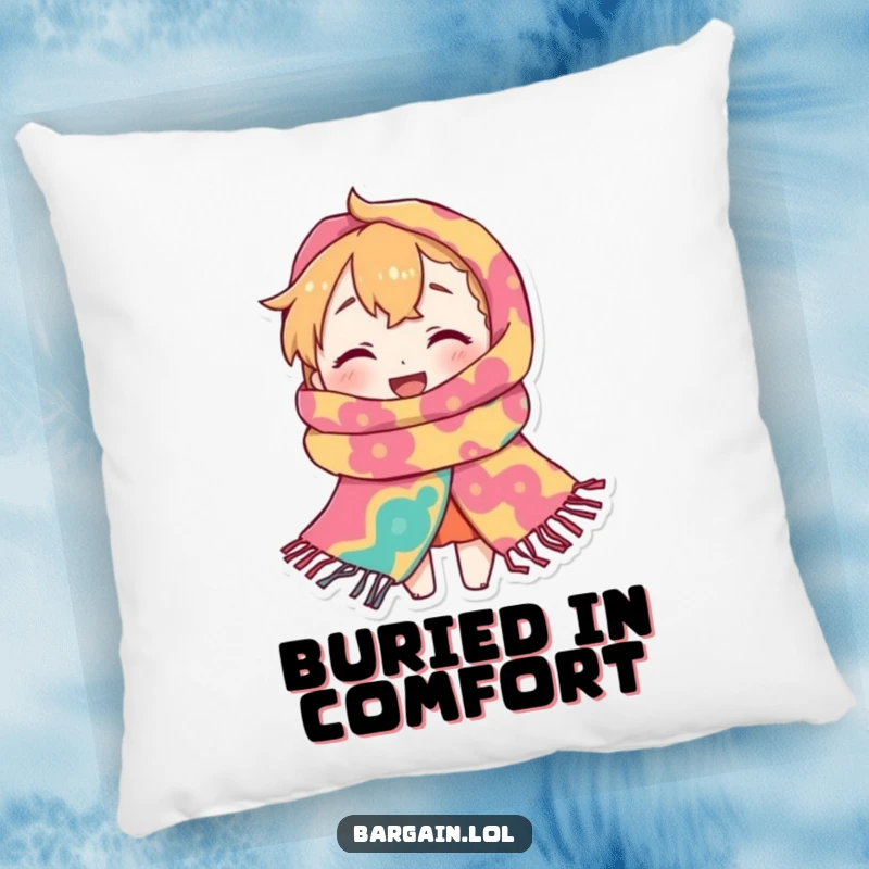Funny Pillow: A tiny character is almost completely hidden within a ridiculously large, patterned scarf, looking cozy and content.
