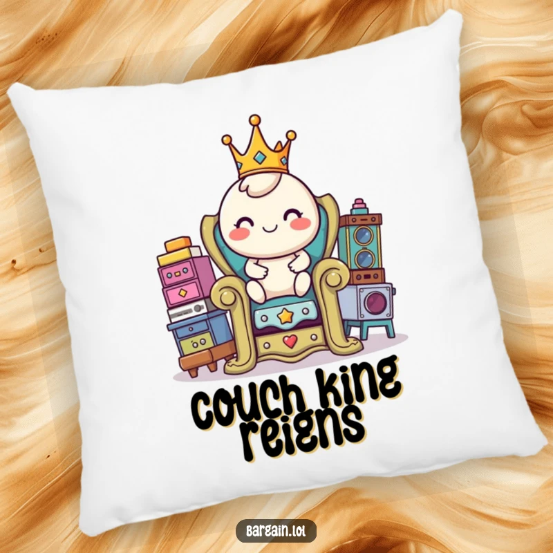 Funny pillow featuring a round, cheerful character with a tiny crown, sitting on a throne made of thrift store items.