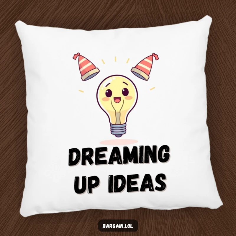 Funny surprised lightbulb pillow, juggling three wobbly hats, soft and decorative, symbol of creativity, funny gift.