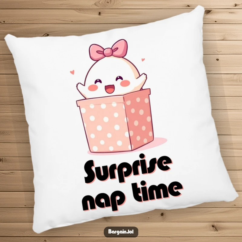 Funny pillow: A happy blob character bursting out of a large polka-dotted gift box, providing comfort and humor.