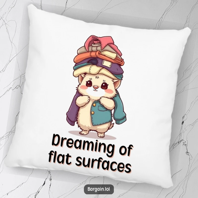 Funny, plush pillow showing a small fuzzy creature concentrating while balancing a tall stack of vintage clothing, offering comfort.