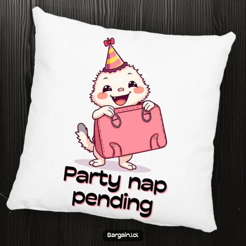 Funny Pillow: A joyful creature in a festive party hat poses with a comically oversized, retro handbag, adding whimsical comfort.