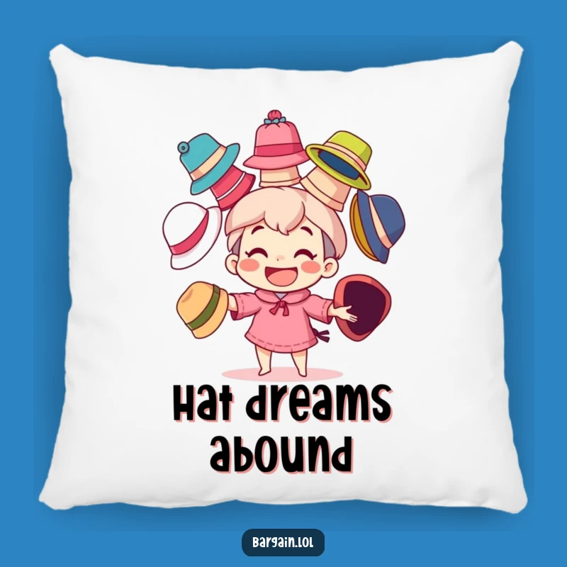 Funny Throw Pillow: Juggling Hats Character - Grinning Comfort, Funny Gift