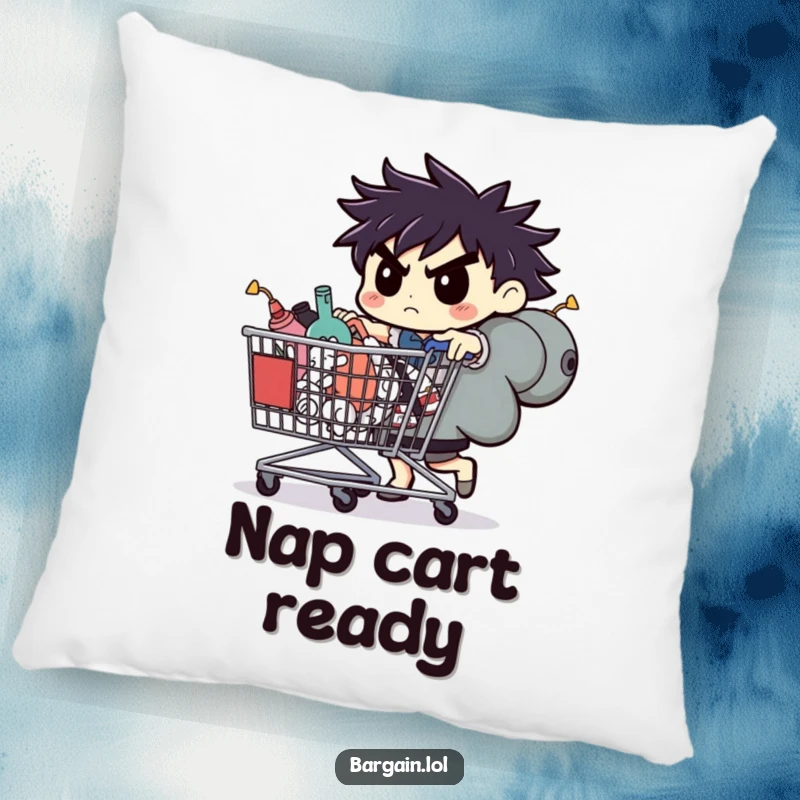 Funny pillow, determined character pushing an oversized cart of oddities, comfortable and humorous decor.
