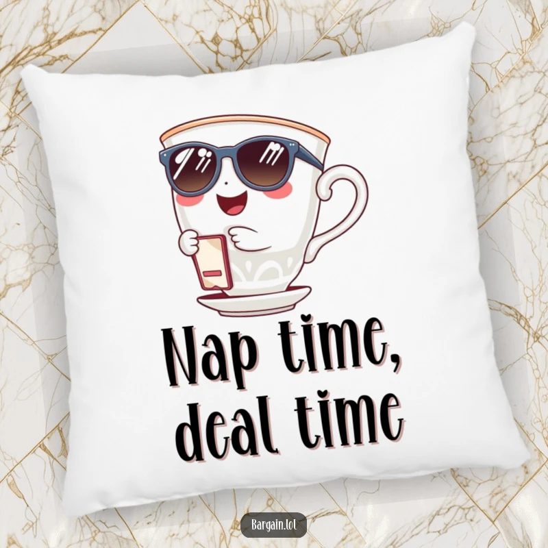 Funny giggling teacup wearing sunglasses and holding a tiny coupon clip on a pillow. A humorous and comforting accent piece.