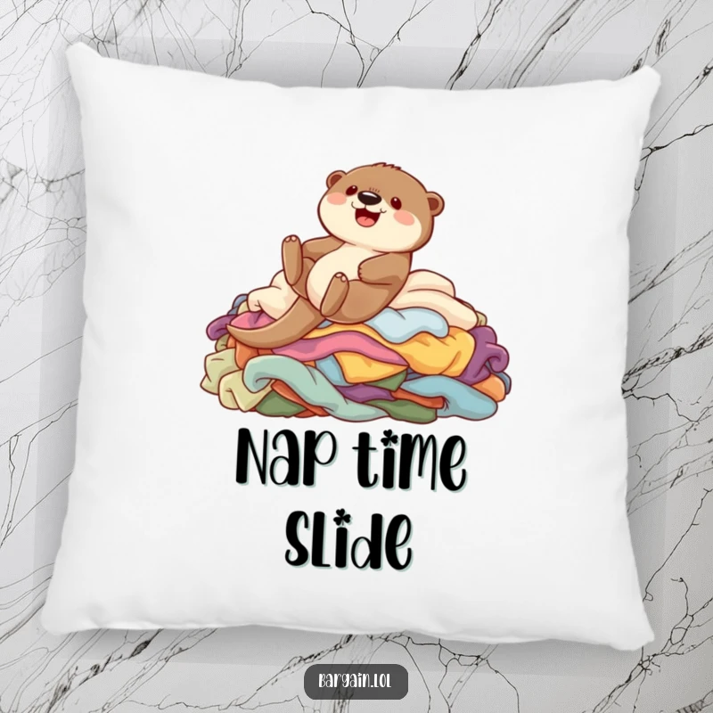 Funny pillow featuring a cute otter gleefully sliding down a colorful pile of clothes, offering soft comfort and playful humor.