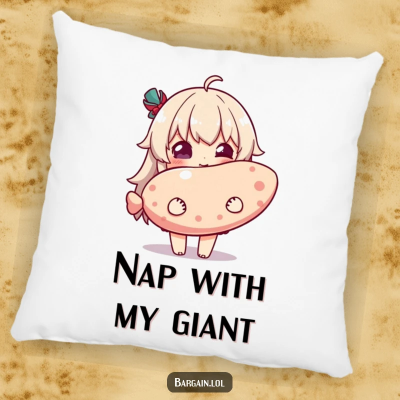 Funny pillow showing a character with pure delight holding a ridiculously oversized novelty item, adding a touch of whimsical joy.