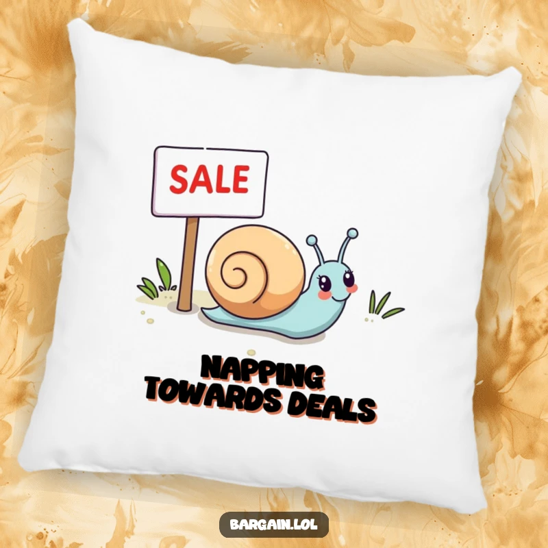 Funny Kawaii snail pillow with a happy snail rolling towards a sale sign, perfect for cozy, motivational decor.