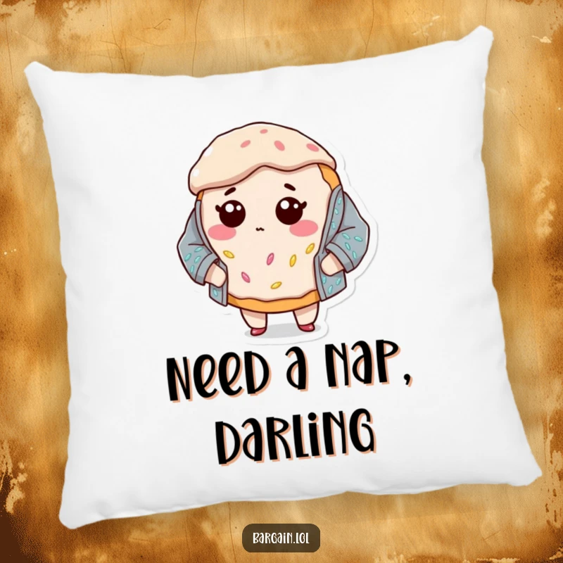 Funny pillow featuring a small, bewildered donut character awkwardly wearing a colossal, glittering sequined jacket, offering plush comedic relief.