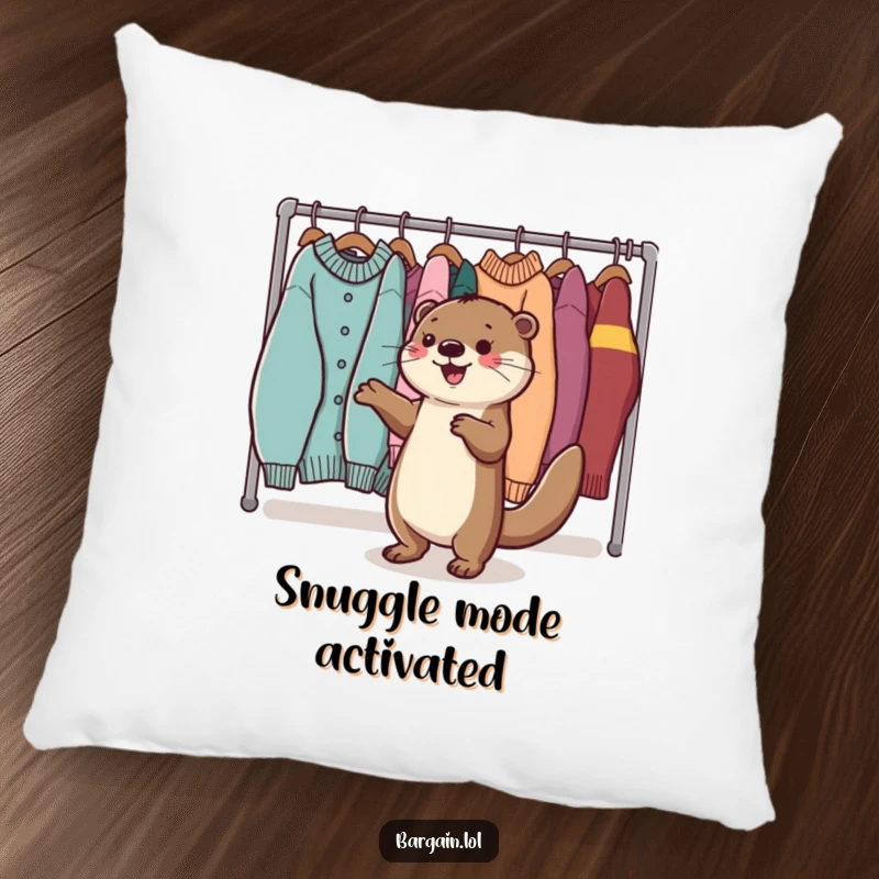 Funny Kawaii otter pillow with a happy otter dancing near sweaters, perfect for soft, cheerful decor.