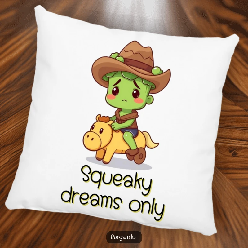 Funny pillow with a confused broccoli sprout in a cowboy hat riding a squeaky toy, perfect for humorous lounging.