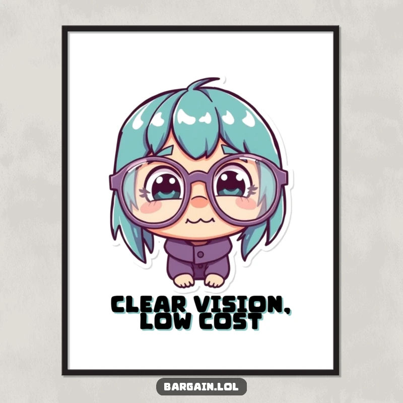 Funny Digital Art: Character with glasses, focusing on a cheap price tag, highlighting bargain hunting.