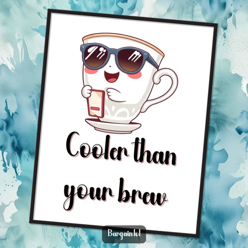 Funny giggling teacup wearing sunglasses and holding a tiny coupon clip, as a digital art print. A humorous and stylish wall art option.