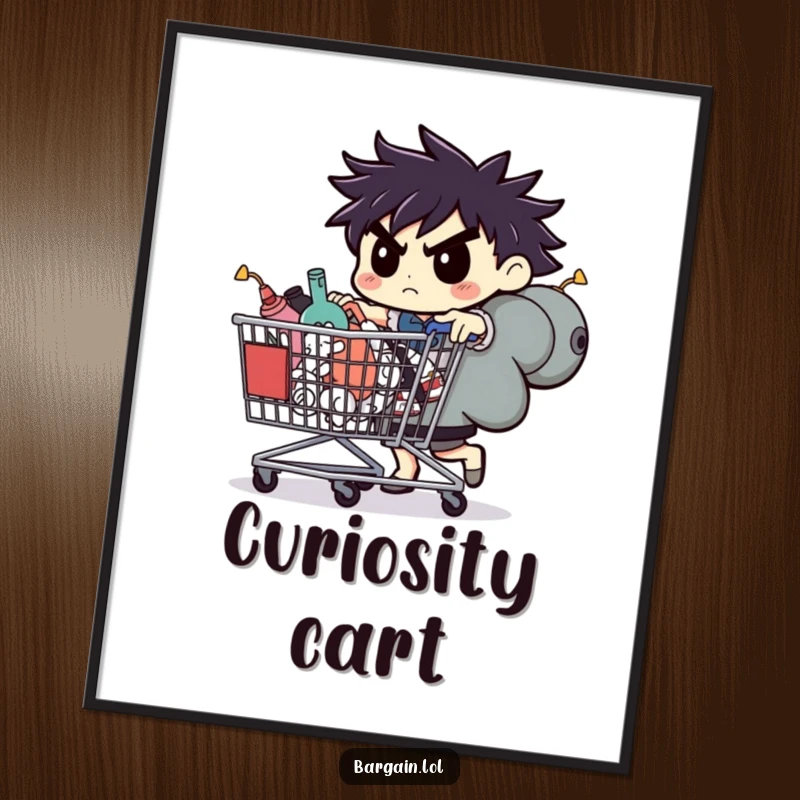 Funny digital art print, determined character pushing a cart full of oddities, instant decor.
