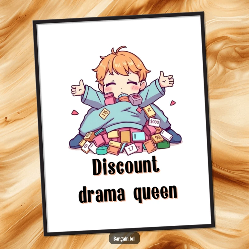 Funny Digital Art: Character hugging a pile of absurd clothing, celebrating discount fashion joy.