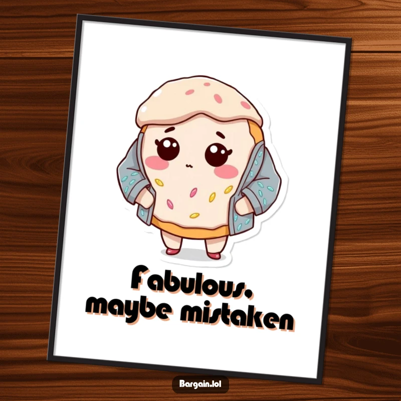 Funny digital art print of a bewildered donut character attempting to wear a giant sequined jacket, capturing fashion confusion and humor.