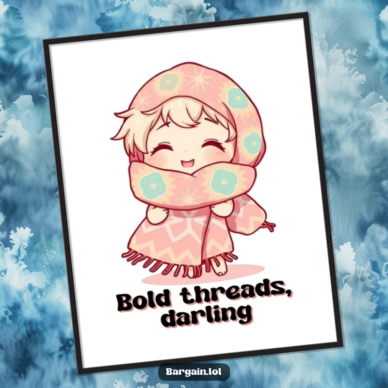 Funny digital art print of a character with a radiant smile, admiring an exceptionally large, uniquely patterned scarf, radiating cheerful charm.