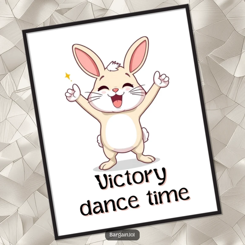Funny digital art print of an exaggeratedly happy dust bunny doing a triumphant victory dance, for vibrant, joyful, and humorous wall decor.