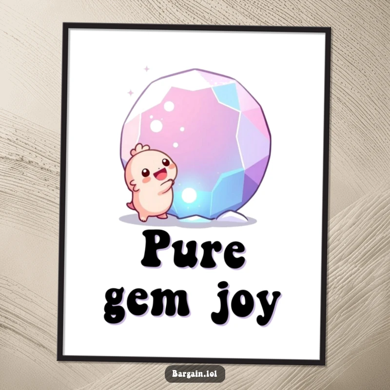 Funny digital art print: A miniature creature's overwhelming joy upon finding a huge, sparkling gem, a humorous decoration download.