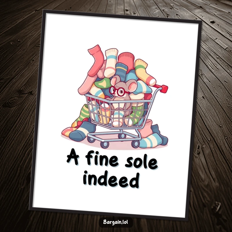 Funny tiny mouse with a monocle inspecting mismatched socks spilling from a shopping cart, digital art print.