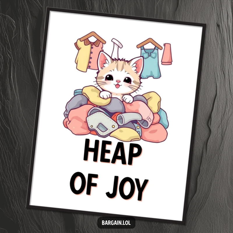 Funny kawaii kitten peeking from a vibrant pile of thrift store clothing, a downloadable art piece full of personality and humor.