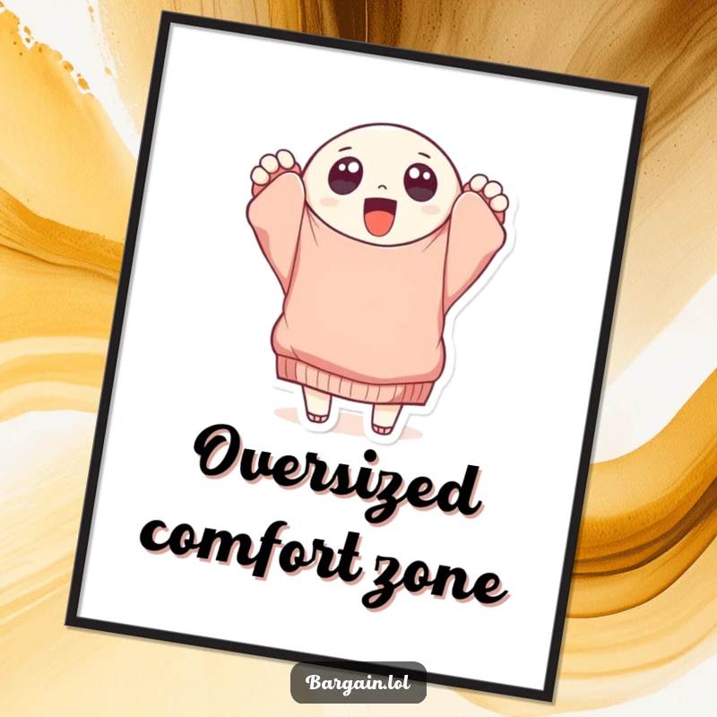 Funny round character with big eyes holding a tattered, oversized sweater, presented as a downloadable digital art print for humorous decor.