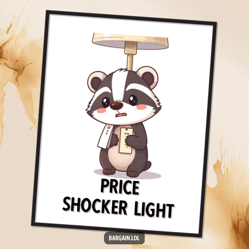 Funny Kawaii badger digital art print of a badger comically surprised by a cheap lamp price, ideal for humorous decor.