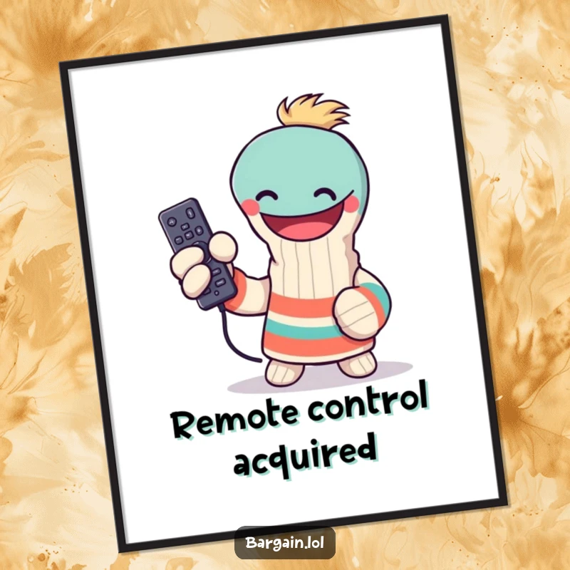 Funny sock puppet digital art print, triumphantly holding a lost remote control, wall decor, instant funny gift.