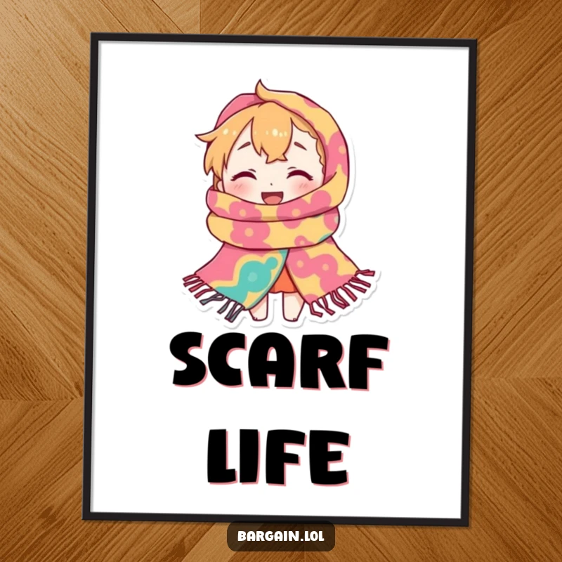 Funny Digital Art: A tiny character gleefully wears a ridiculously large, brightly patterned scarf, almost completely swallowed by its cozy embrace.