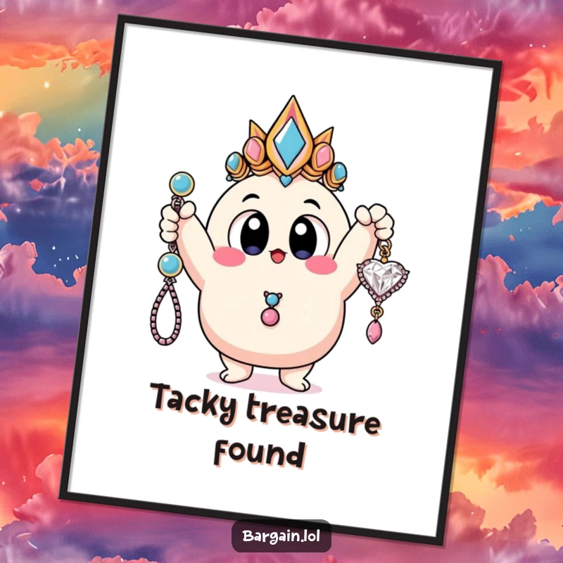 Funny digital art print depicting a blobby character with huge eyes proudly holding a cheap, dazzling piece of costume jewelry.