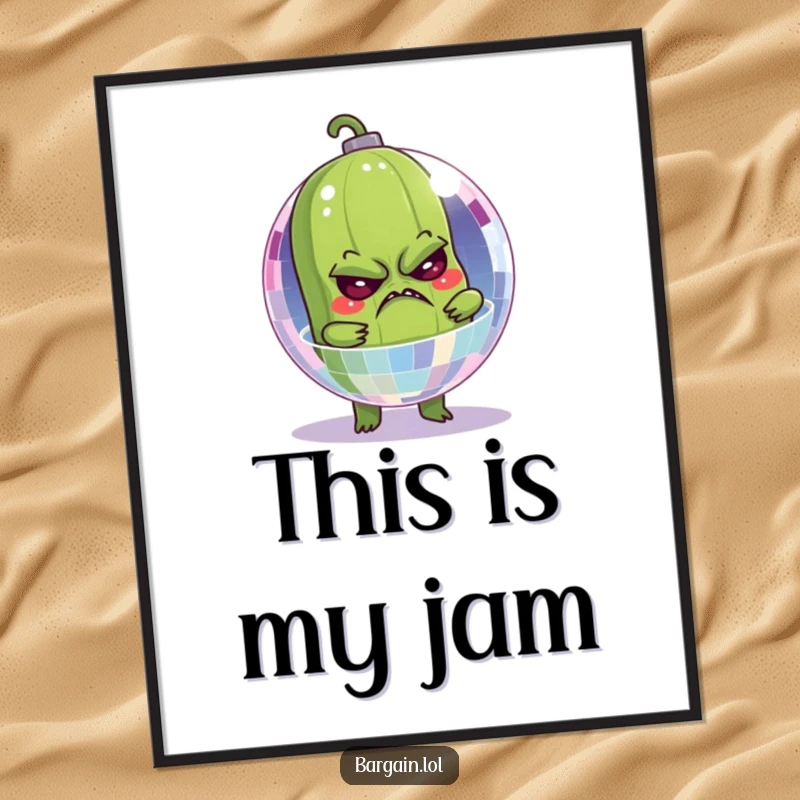 Funny digital art print of a grumpy pickle hilariously stuck inside a tiny, sparkling disco ball, a party mishap.