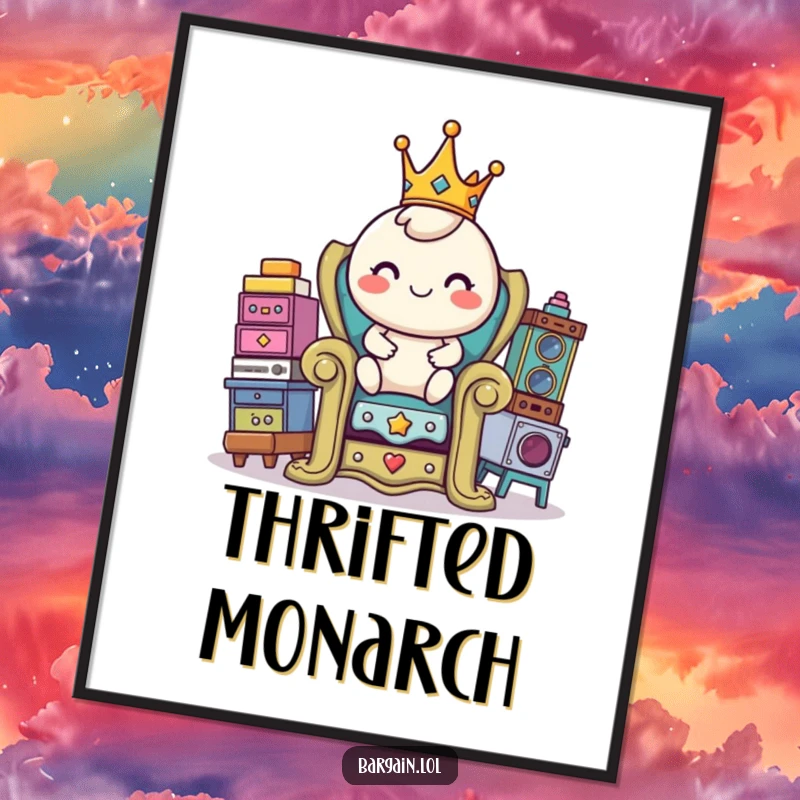 Funny digital art print showing a cheerful, round character with a tiny crown, enthroned on a throne of thrift store items.