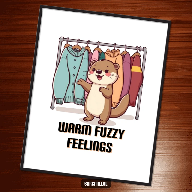 Funny Kawaii otter digital art print of a happy otter dancing near sweaters, ideal for cheerful decor.