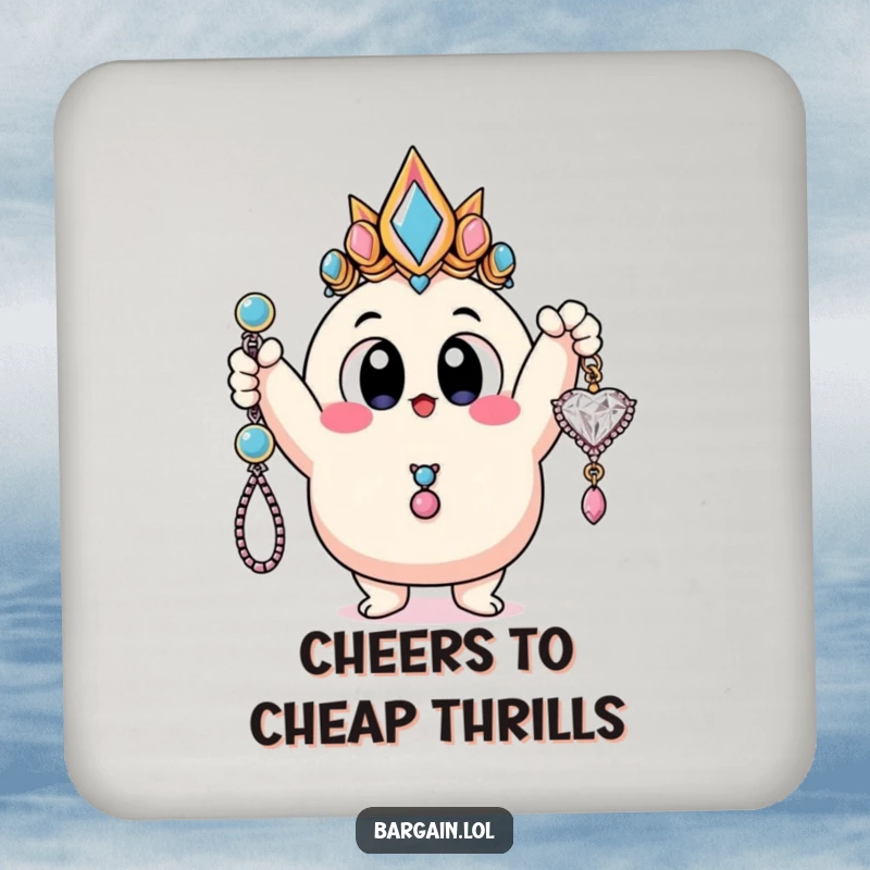 Funny drink coaster showing a blobby character with enormous eyes triumphantly holding a cheap, glittery piece of jewelry.