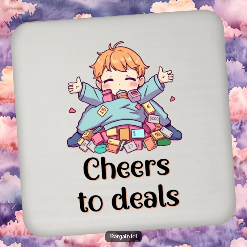 Funny Coaster: Character hugging discounted clothes, adding a humorous touch to tabletops.