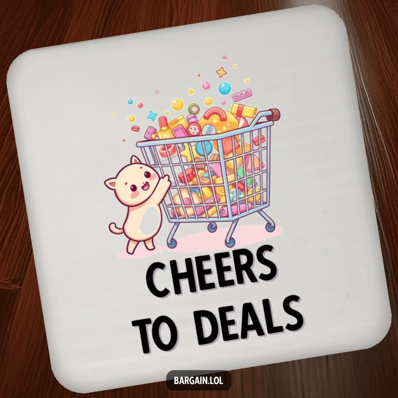 Funny Bargain Hunter Coaster showing a tiny creature joyfully pointing at a comically oversized, sparkling bargain bin filled with tiny treasures.