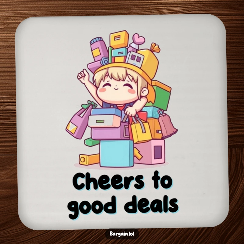 Funny cute character triumphantly balancing colorful mismatched bargain items, depicted on a drink coaster for humorous and practical decor.