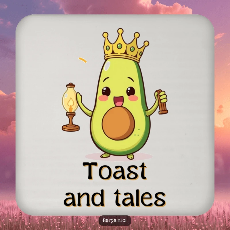 Funny triumphant avocado wearing a paper crown holding a dusty vintage lamp on a drink coaster.