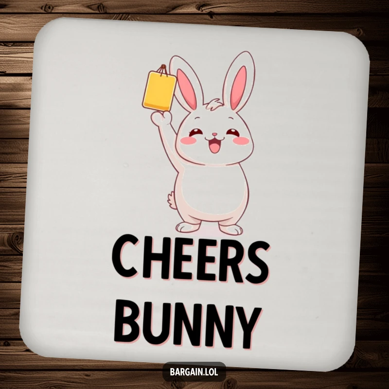 Funny drink coaster featuring a chubby bunny character holding a single, brightly colored bargain item aloft.