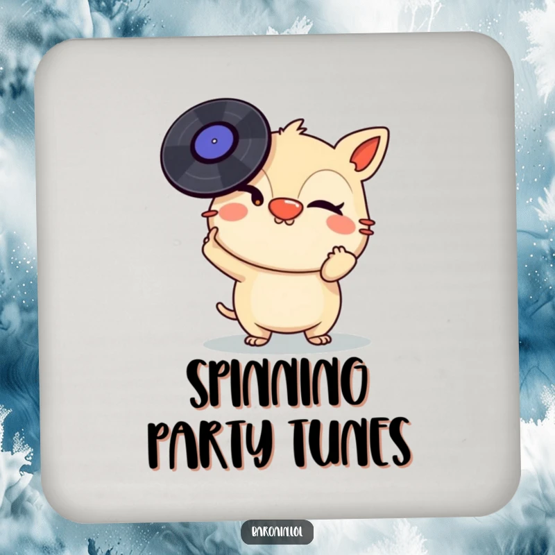 Funny Drink Coasters: A mischievous creature winks while balancing vinyl records on its nose, protecting surfaces with musical humor.