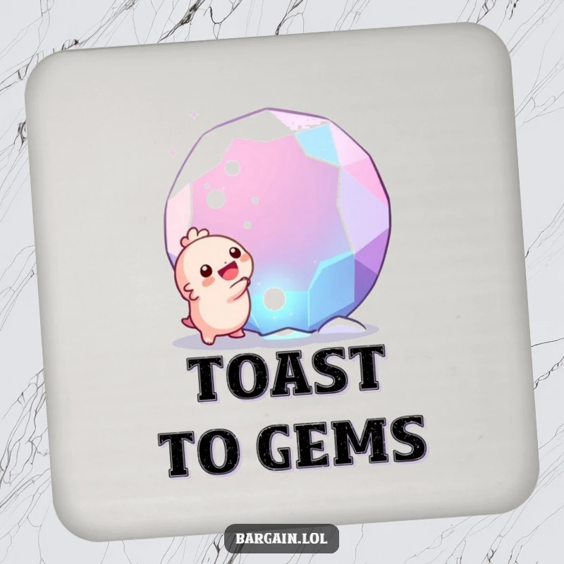 Funny coaster: A small, round creature ecstatic about discovering a giant, glittering gem, adding humor to any drink.