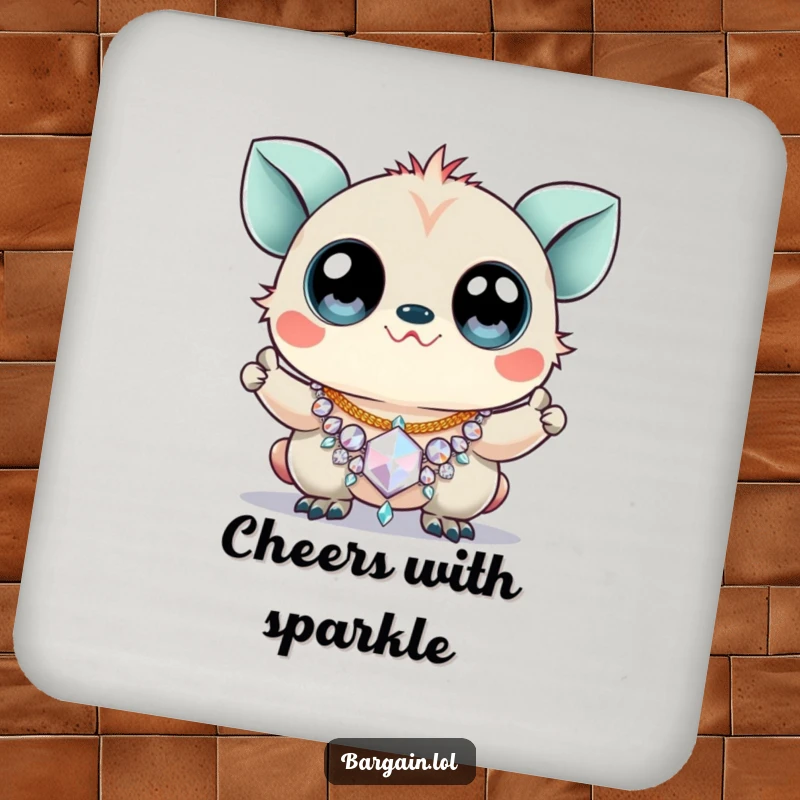 Funny drink coasters with a creature sporting huge googly eyes triumphantly holding a sparkly, cheap necklace.