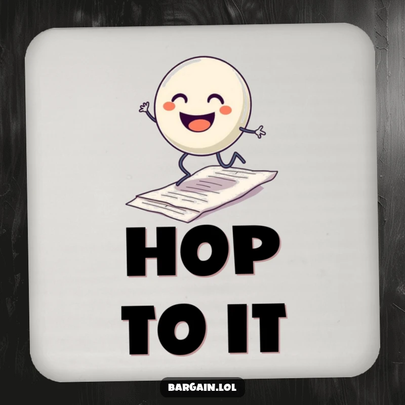 Funny drink coasters featuring a smiling button character with legs hopping excitedly over a discarded crumpled receipt, adding cheerful protection.
