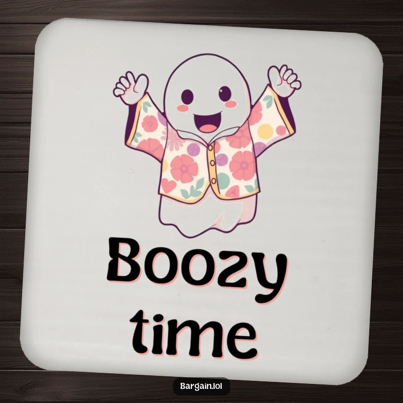 Funny kawaii ghost triumphantly holding a wild vintage shirt, decorative coasters to protect surfaces with spooky charm.