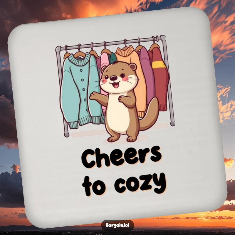 Funny Kawaii otter drink coaster showing a happy otter dancing near sweaters, perfect for surface protection.