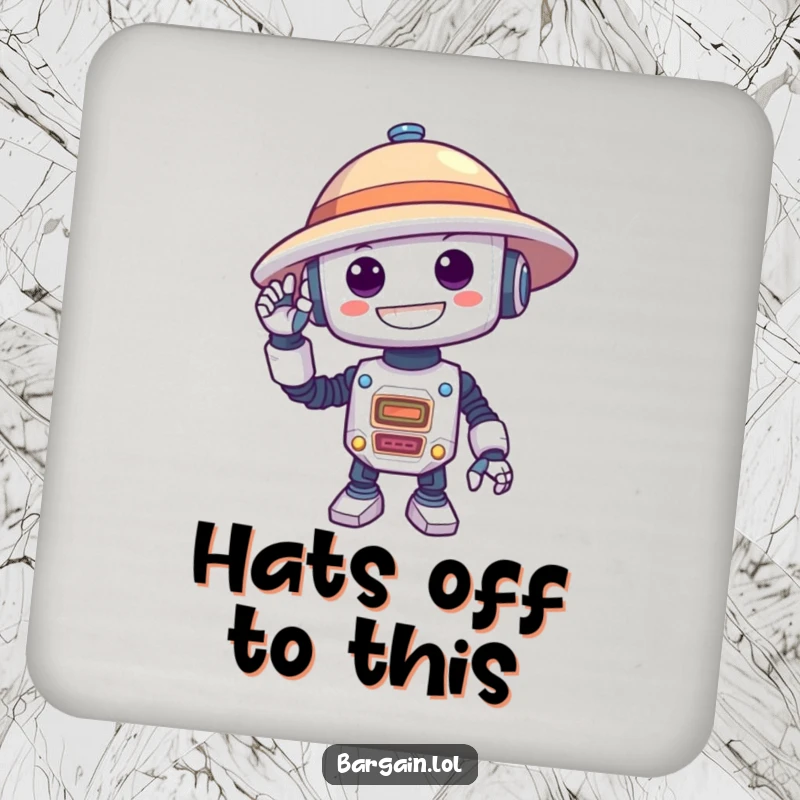 Funny drink coaster with a silly robot wearing an oversized hat, offering surface protection and a dose of robotic humor.
